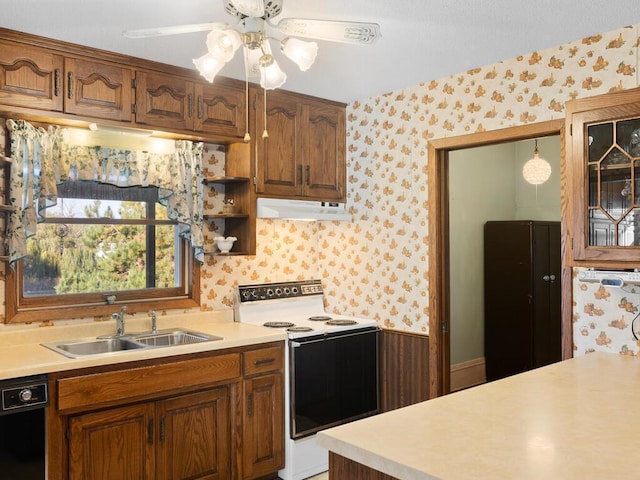 kitchen featuring sink, hanging light fixtures, range with electric stovetop, black dishwasher, and ceiling fan