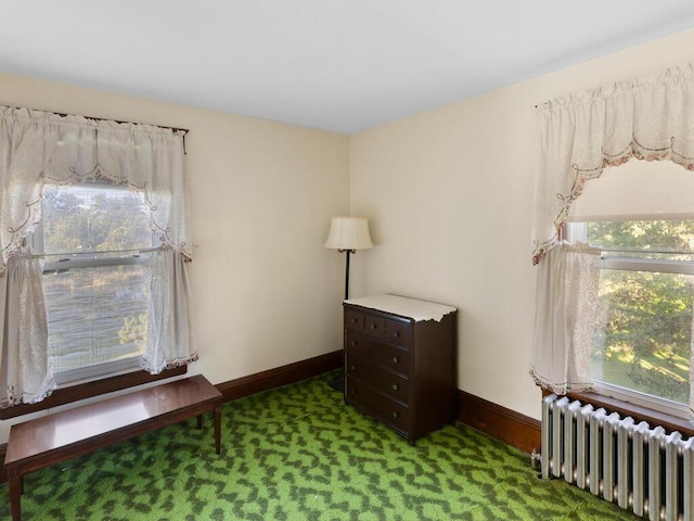 sitting room featuring radiator, carpet floors, and a healthy amount of sunlight