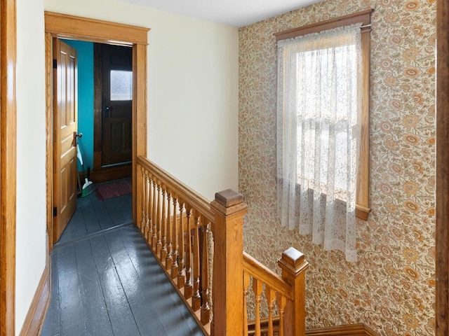 hallway with a healthy amount of sunlight and dark hardwood / wood-style floors