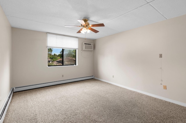 unfurnished room featuring ceiling fan, light colored carpet, a baseboard radiator, and a wall mounted air conditioner