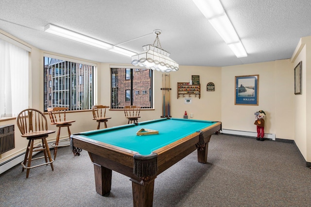 rec room featuring billiards, carpet, baseboard heating, and a textured ceiling