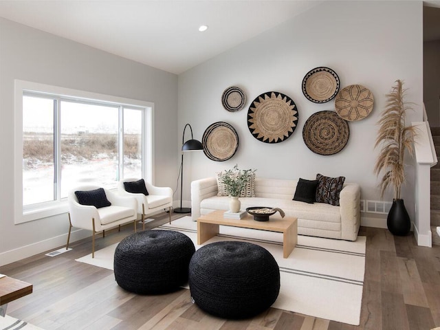 living room featuring lofted ceiling and hardwood / wood-style flooring