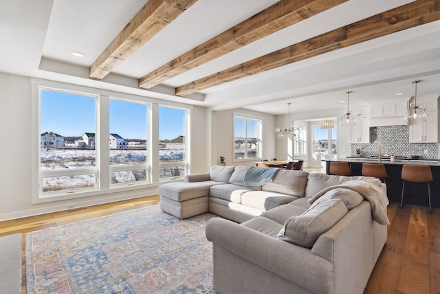 living room featuring a wealth of natural light, an inviting chandelier, and light hardwood / wood-style floors