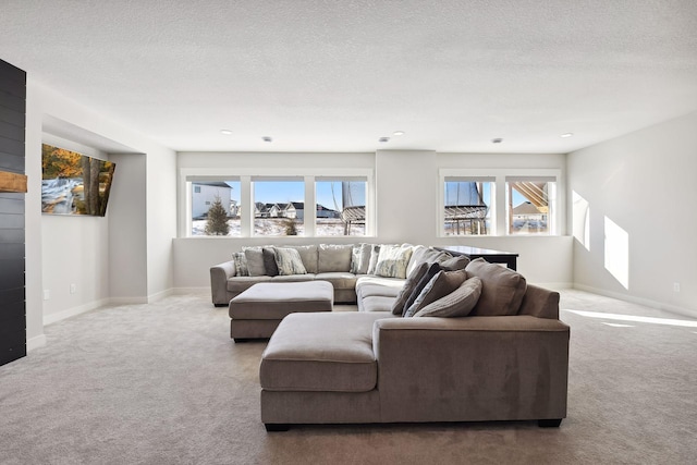 living room with a textured ceiling and carpet