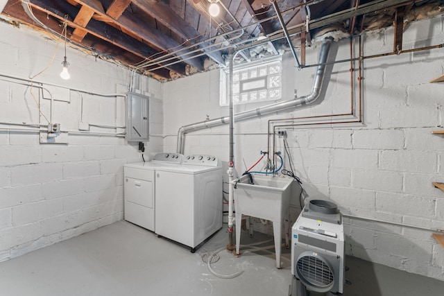 laundry area with washing machine and dryer and electric panel