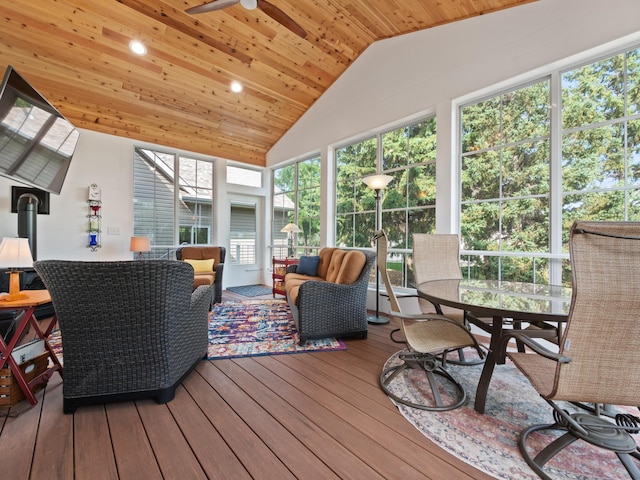 4424 Donway Dr NE, Alexandria, MN 56308 - sunroom featuring an outdoor hangout area, hardwood / wood-style flooring, outdoor dining space, a ceiling fan, and wooden ceiling