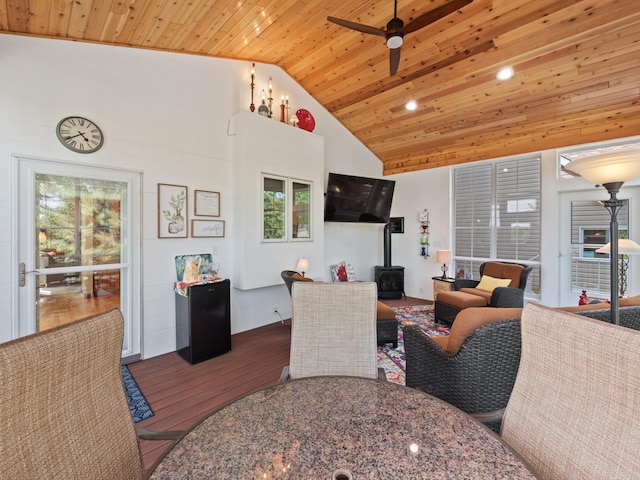 4424 Donway Dr NE, Alexandria, MN 56308 - living area featuring wood finished floors, wooden ceiling, ceiling fan, a wood stove, and high vaulted ceiling