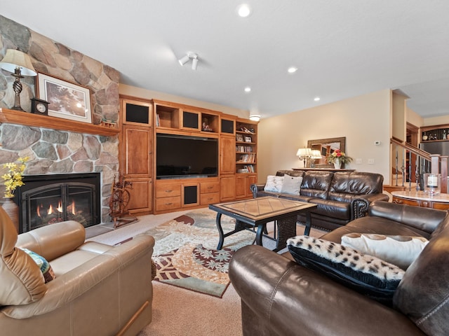 4424 Donway Dr NE, Alexandria, MN 56308 - carpeted living room with a fireplace and recessed lighting