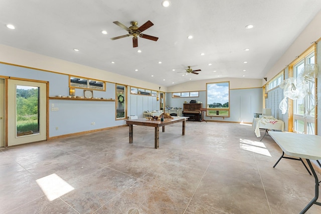 playroom with vaulted ceiling and ceiling fan