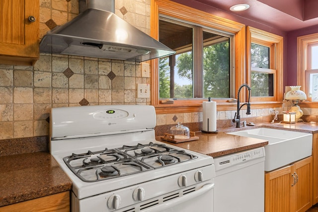 kitchen featuring range hood, white appliances, backsplash, and sink