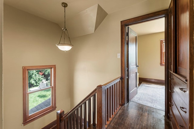 corridor featuring dark hardwood / wood-style flooring and lofted ceiling