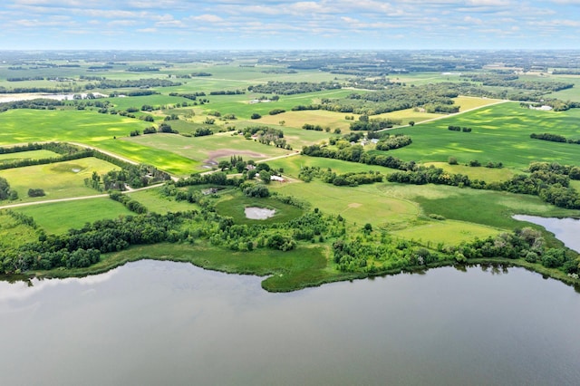 bird's eye view featuring a water view and a rural view