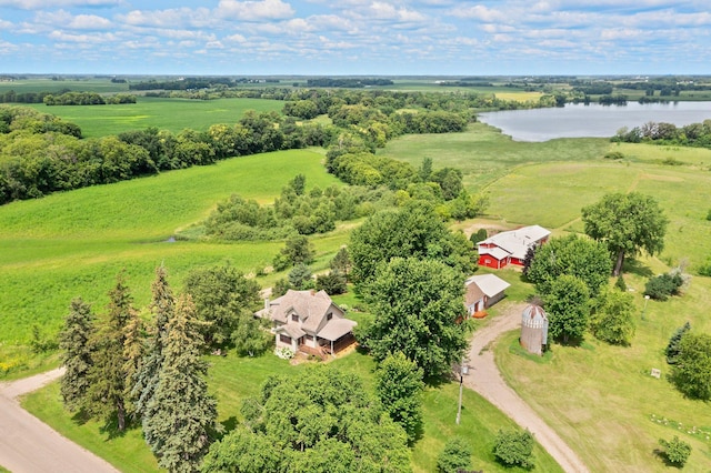 bird's eye view featuring a water view and a rural view