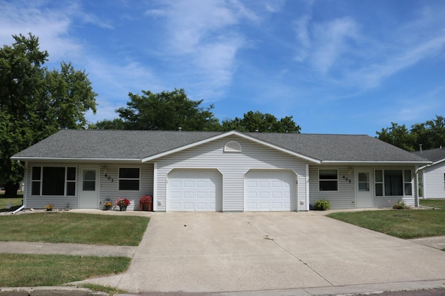 single story home featuring a garage, a front lawn, a shingled roof, and driveway
