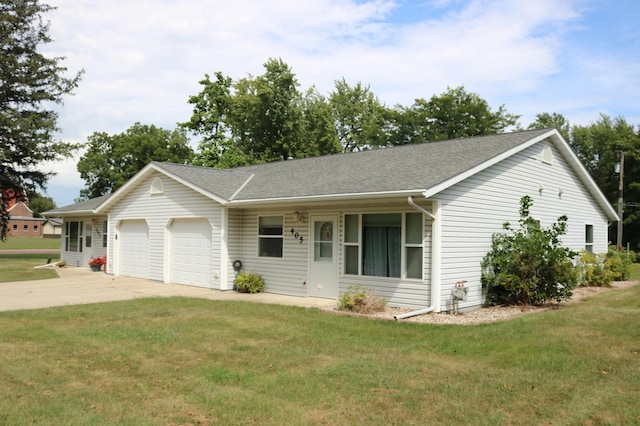 ranch-style house featuring driveway, a garage, a shingled roof, and a front yard