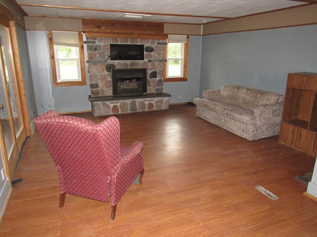 living area featuring visible vents, wood finished floors, and a fireplace
