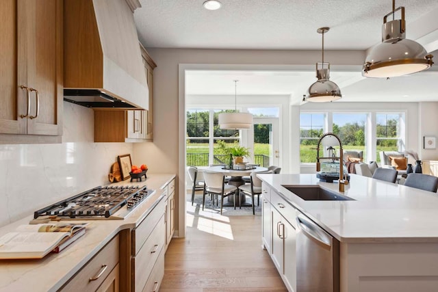 10291 Shadyview Ln N, Maple Grove, MN 55311 - kitchen with stainless steel appliances, light wood finished floors, custom exhaust hood, decorative light fixtures, and open floor plan