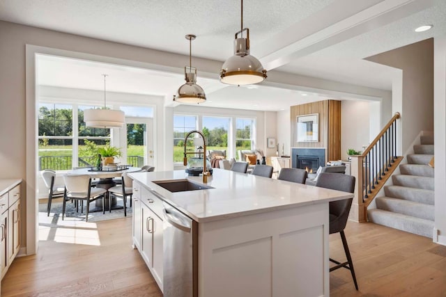 10291 Shadyview Ln N, Maple Grove, MN 55311 - kitchen with dishwasher, light wood-style flooring, a glass covered fireplace, a kitchen bar, and pendant lighting