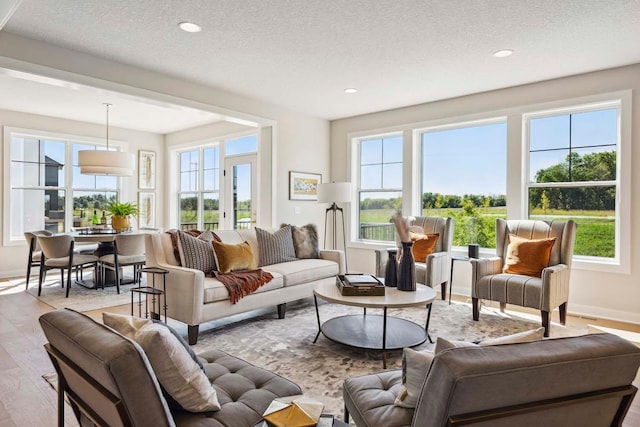 living room with a textured ceiling and light wood-type flooring