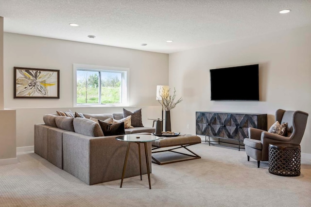 carpeted living room with a textured ceiling