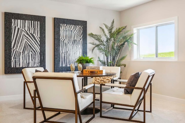 dining space with light colored carpet