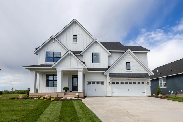 10291 Shadyview Ln N, Maple Grove, MN 55311 - modern farmhouse style home with board and batten siding, an attached garage, concrete driveway, covered porch, and a front yard