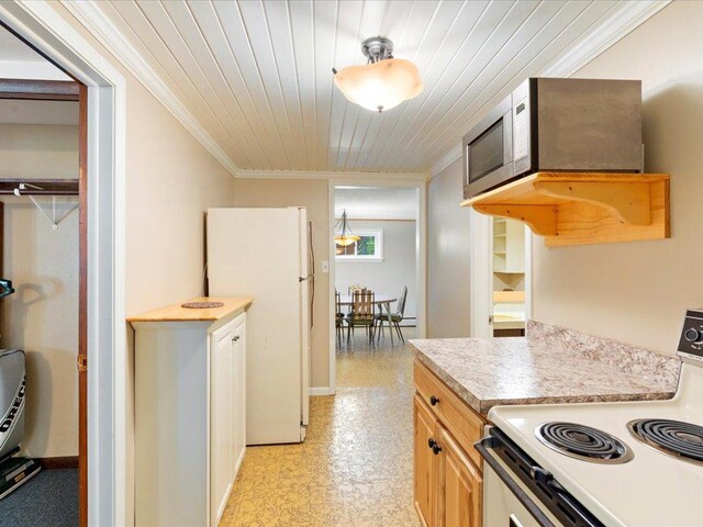 kitchen featuring light brown cabinets, white appliances, ornamental molding, and wood ceiling