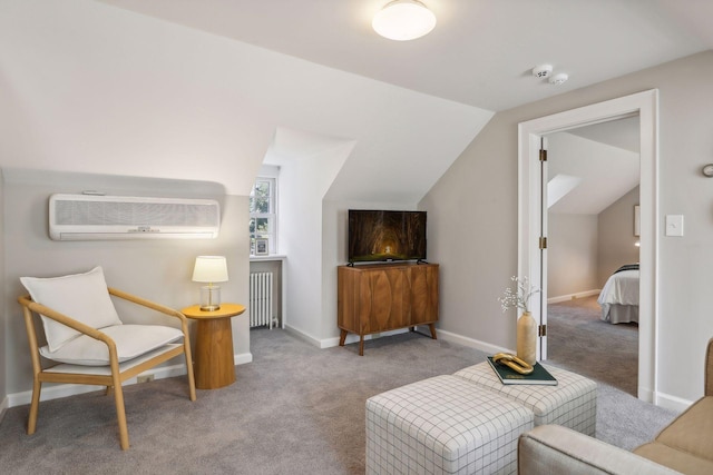 sitting room featuring light carpet, lofted ceiling, and an AC wall unit