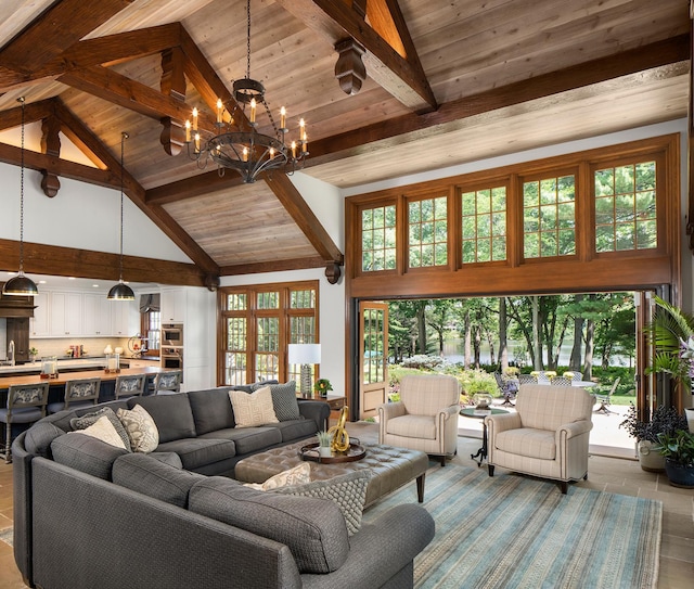 living room featuring high vaulted ceiling, beam ceiling, a chandelier, and wooden ceiling