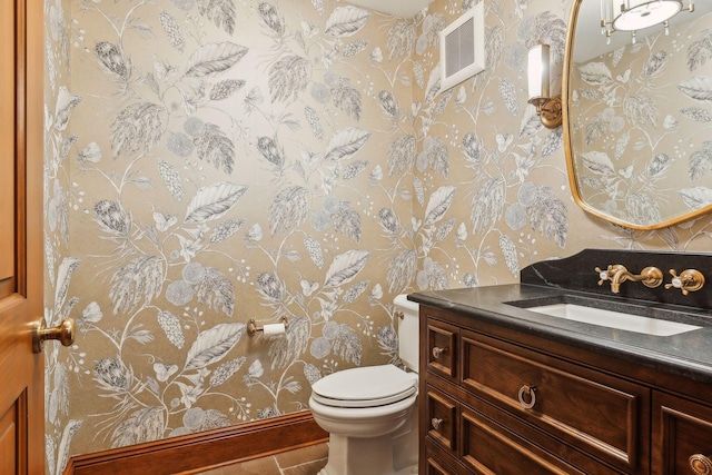 357 Salem Church Rd, Sunfish Lake, MN 55118 - half bath featuring visible vents, vanity, toilet, wallpapered walls, and tile patterned floors