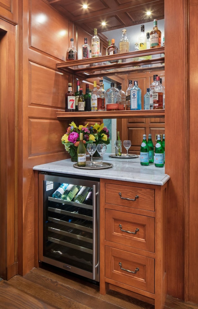 357 Salem Church Rd, Sunfish Lake, MN 55118 - bar with wine cooler, bar, and dark wood-style flooring