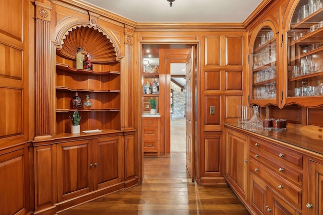 357 Salem Church Rd, Sunfish Lake, MN 55118 - interior space with crown molding, wood walls, and dark wood-style floors