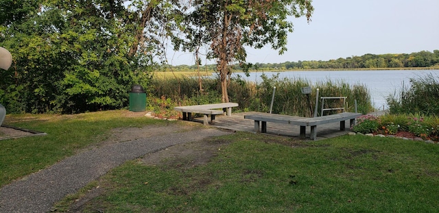 view of home's community with a yard and a water view