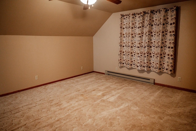 bonus room with carpet flooring, vaulted ceiling, baseboard heating, and ceiling fan