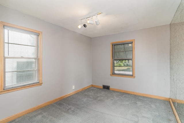 empty room featuring carpet flooring and track lighting