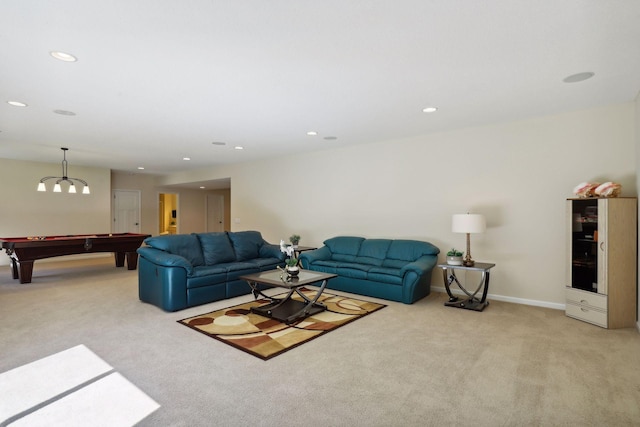 carpeted living room with pool table