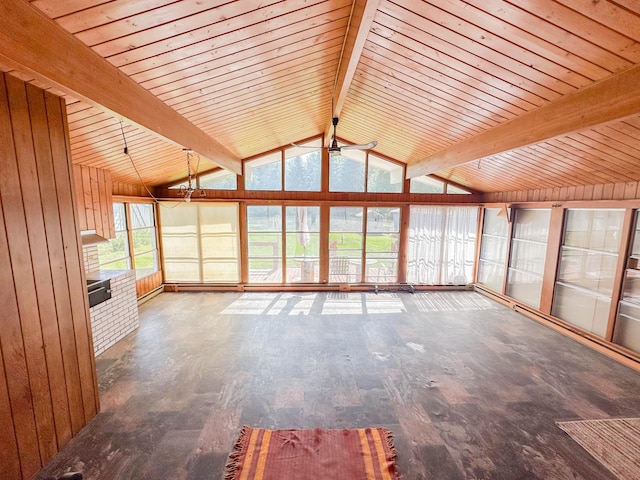 unfurnished sunroom featuring lofted ceiling with beams, ceiling fan, and wooden ceiling