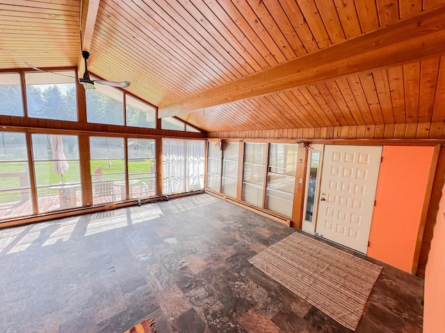 interior space featuring ceiling fan, lofted ceiling with beams, and wooden ceiling