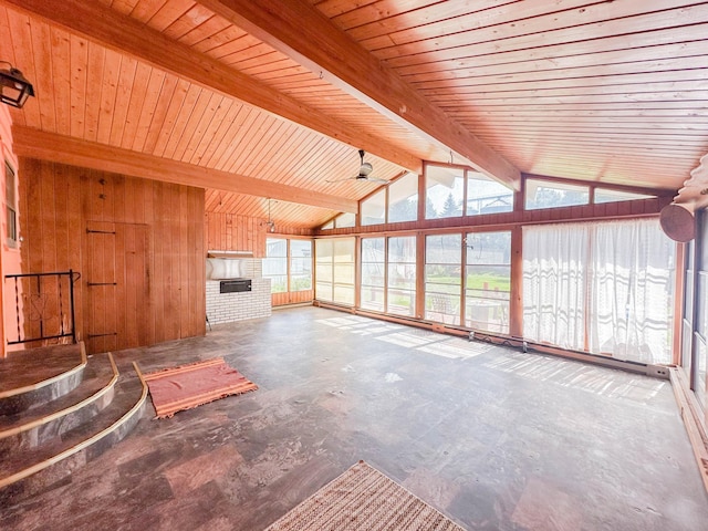 unfurnished living room featuring vaulted ceiling with beams, wood ceiling, and wood walls