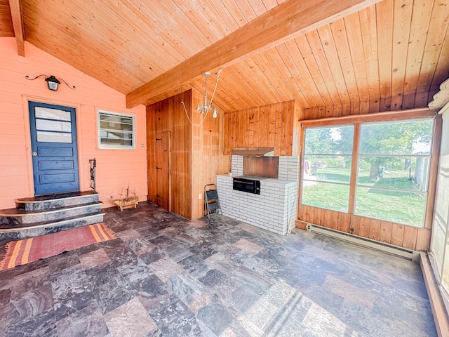 unfurnished living room featuring wood ceiling, a baseboard heating unit, lofted ceiling with beams, wood walls, and an inviting chandelier