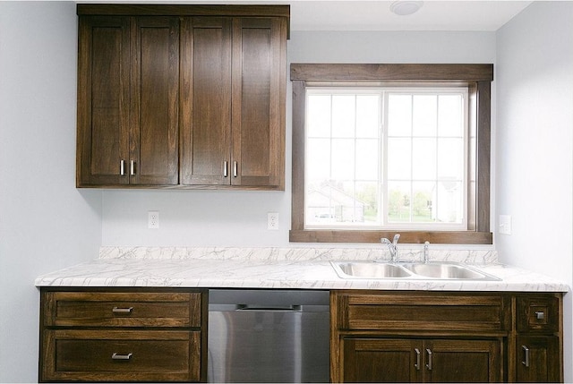 kitchen with dark brown cabinets, stainless steel dishwasher, and sink