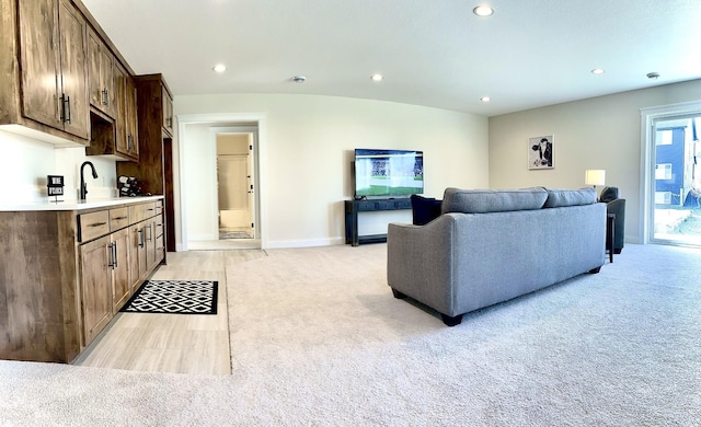 carpeted living room featuring sink