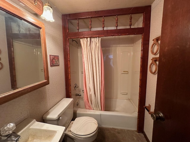 full bathroom with toilet, sink, and shower / bathtub combination with curtain