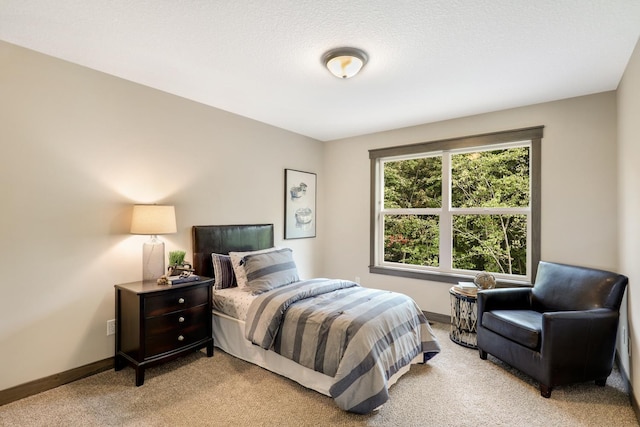 carpeted bedroom with a textured ceiling