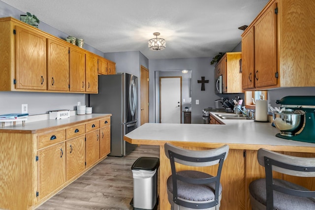 7702 County Road 5 NE, North Branch, MN 55056 - kitchen featuring stainless steel appliances, light wood-style floors, a peninsula, and light countertops