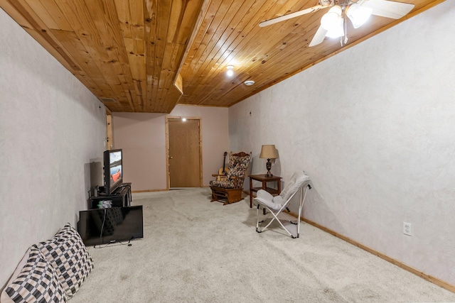7702 County Road 5 NE, North Branch, MN 55056 - living area featuring carpet flooring, wood ceiling, and ceiling fan