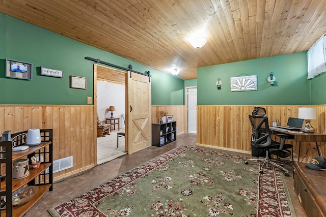 7702 County Road 5 NE, North Branch, MN 55056 - office area featuring a wainscoted wall, a barn door, wooden walls, and wood ceiling