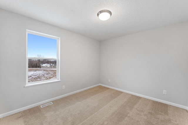 carpeted spare room with a textured ceiling