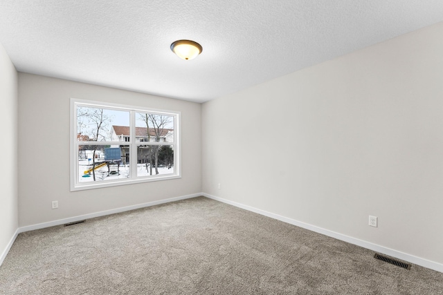 unfurnished room with carpet flooring and a textured ceiling