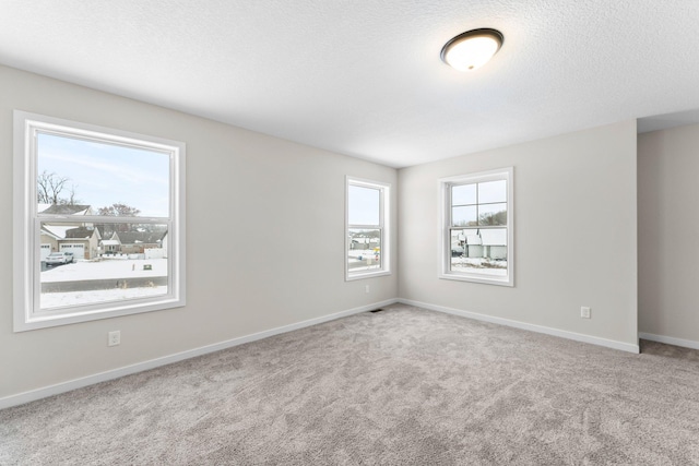 empty room with carpet, plenty of natural light, and a textured ceiling